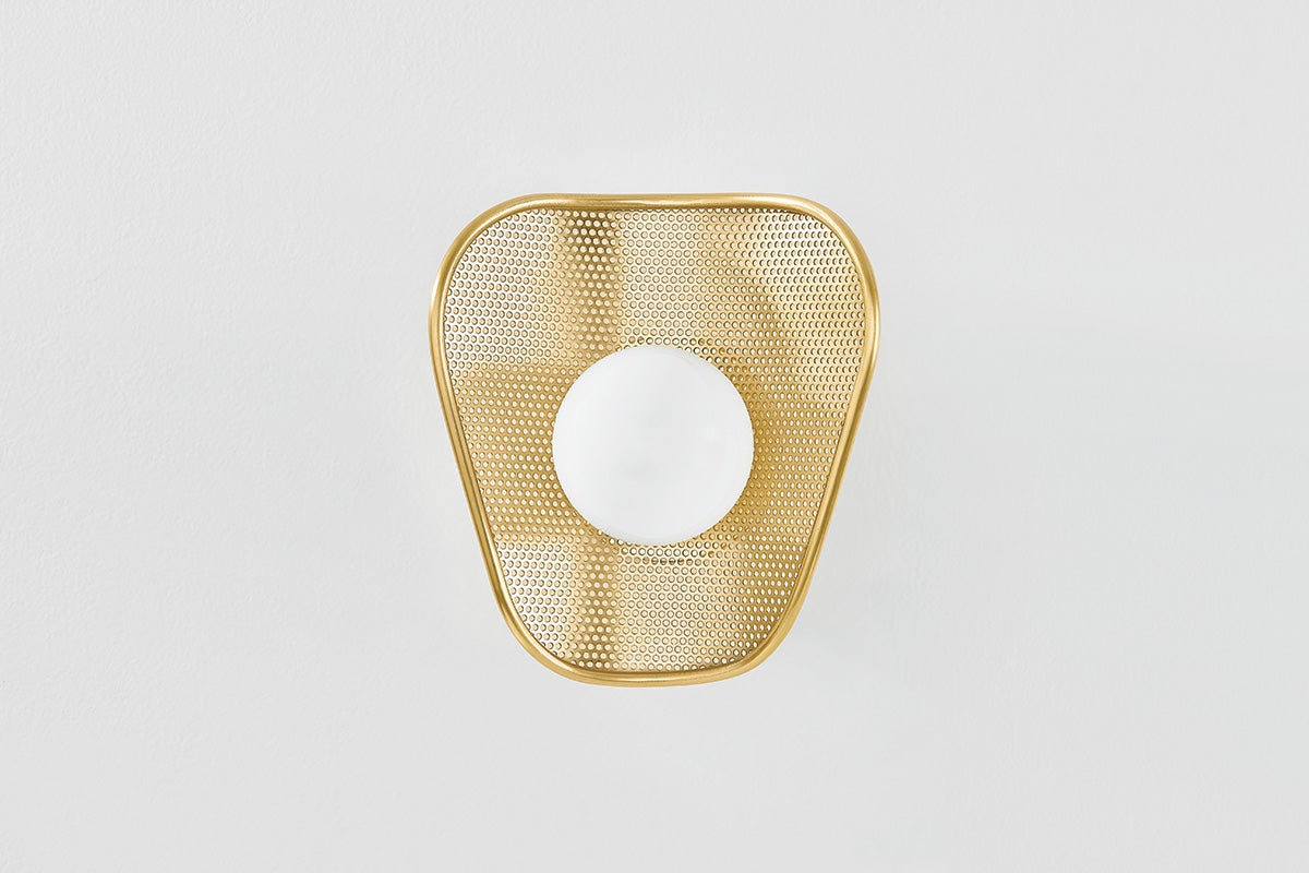 Mitzi Marta Wall Sconce 10”H in Aged Brass with Curved Perforated Metal Design - ETL Damp Rated