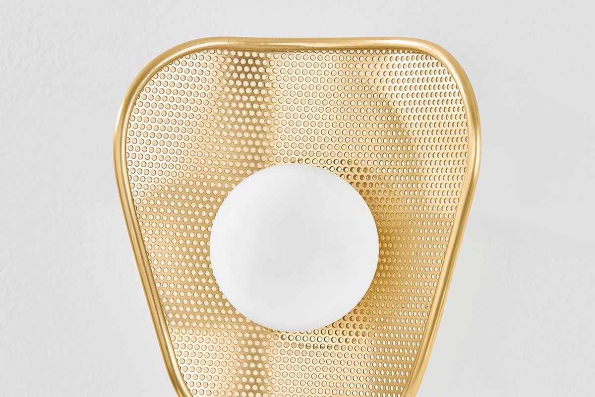 Mitzi Marta Wall Sconce 10”H in Aged Brass with Curved Perforated Metal Design - ETL Damp Rated