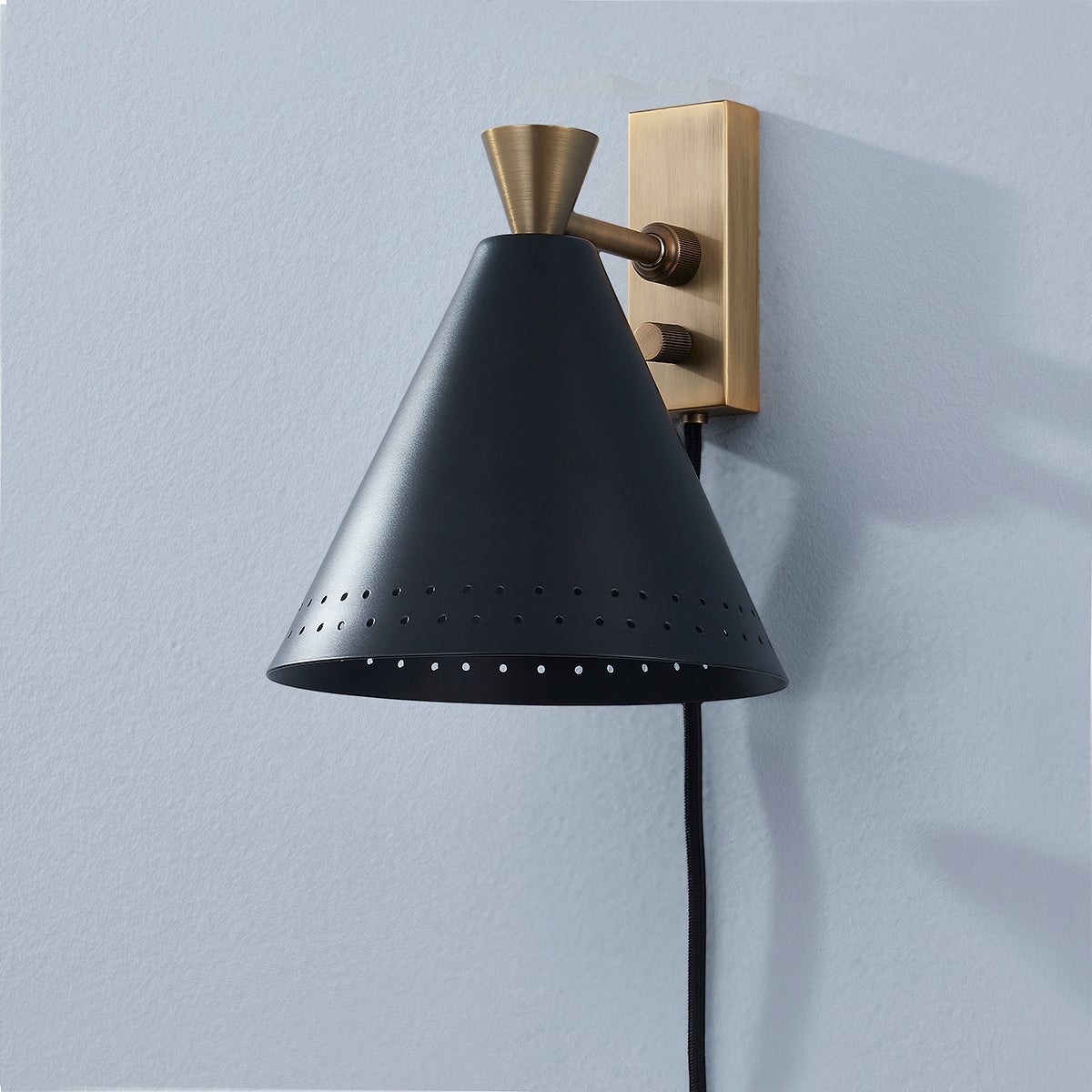 Marvin Plug-In Sconce by Troy Lighting, 60W Dimmable Wall Light in Patina Brass & Soft Black/Sand