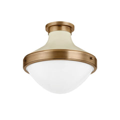 Maxton Flush Mount Light by Troy Lighting with Patina Brass Finish and Soft Sand Accents, 11" Opal Glass Shade