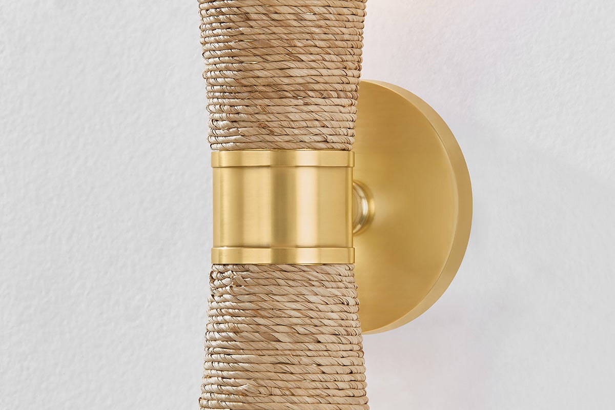 Mitzi Mica 2-Light Wall Sconce in Aged Brass with Opal Glass Shade and Dimmable Feature