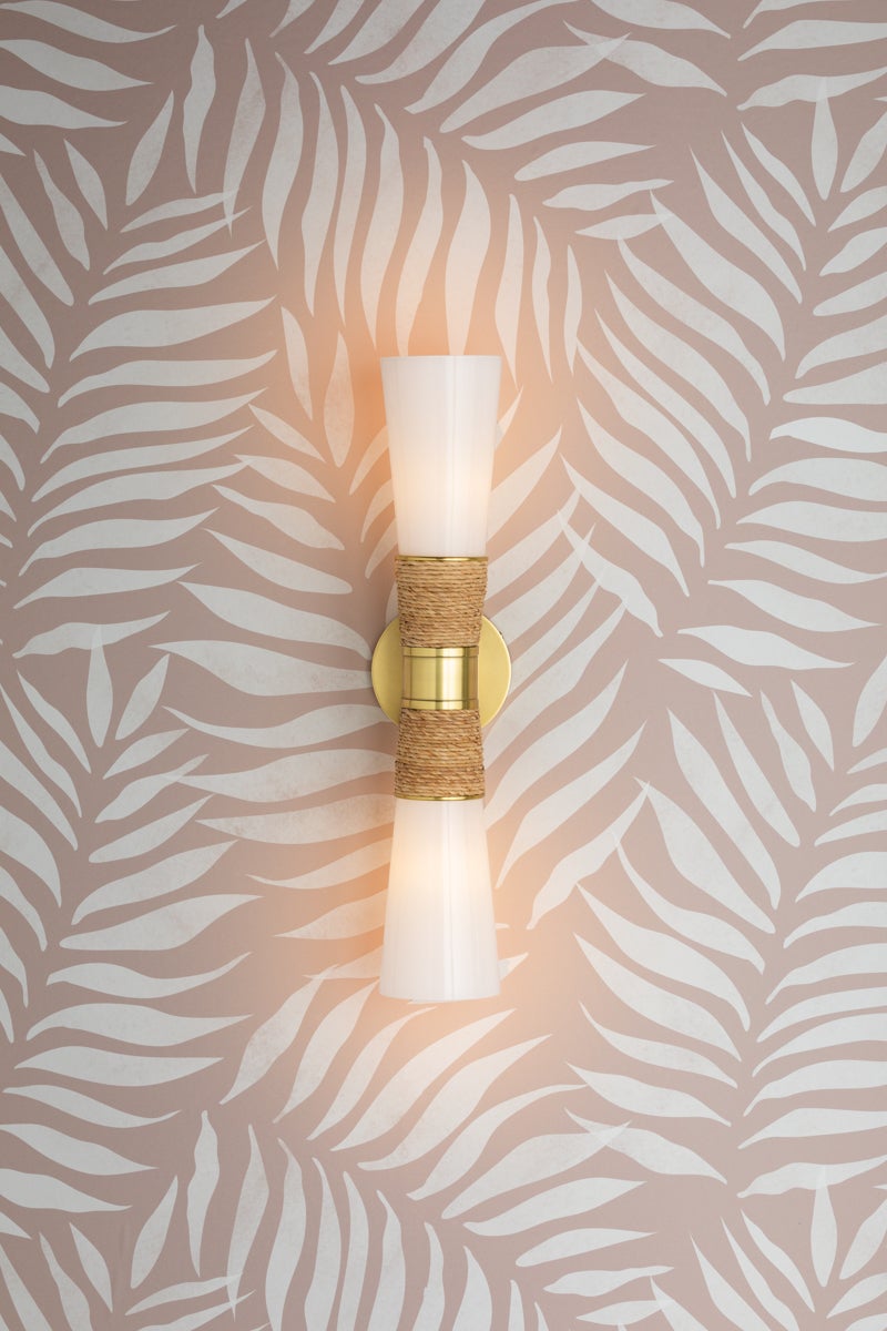 Mitzi Mica 2-Light Wall Sconce in Aged Brass with Opal Glass Shade and Dimmable Feature