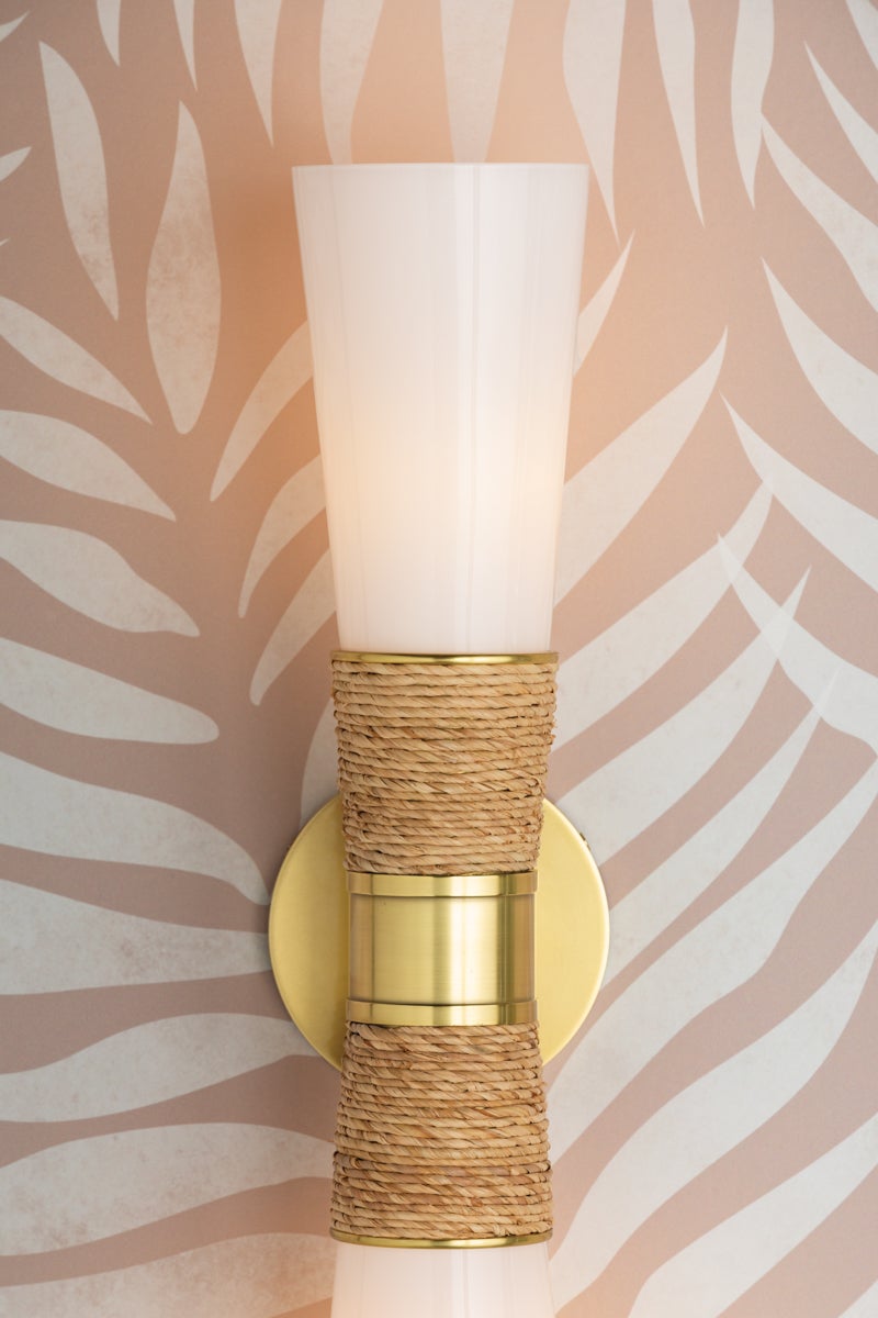 Mitzi Mica 2-Light Wall Sconce in Aged Brass with Opal Glass Shade and Dimmable Feature