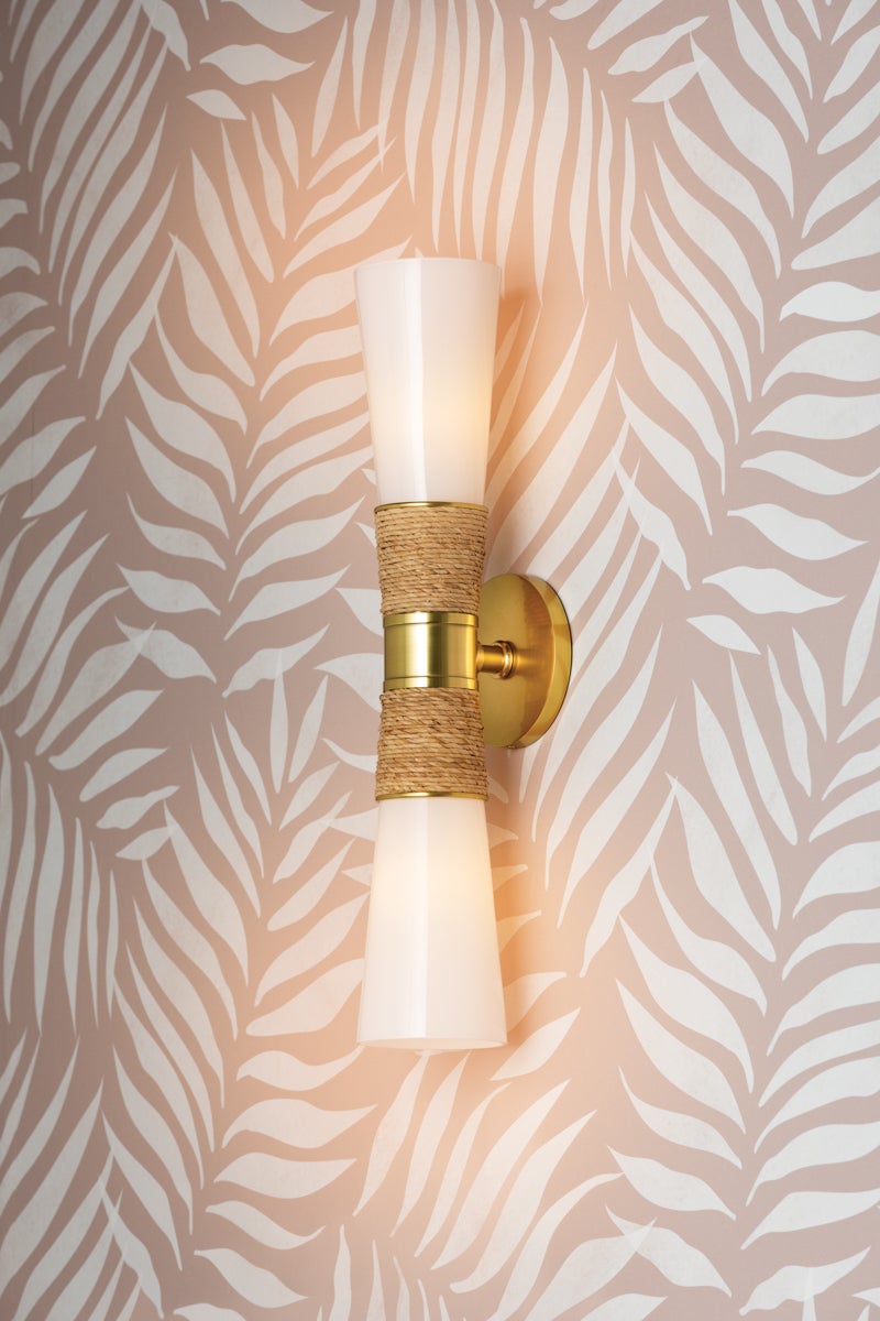 Mitzi Mica 2-Light Wall Sconce in Aged Brass with Opal Glass Shade and Dimmable Feature