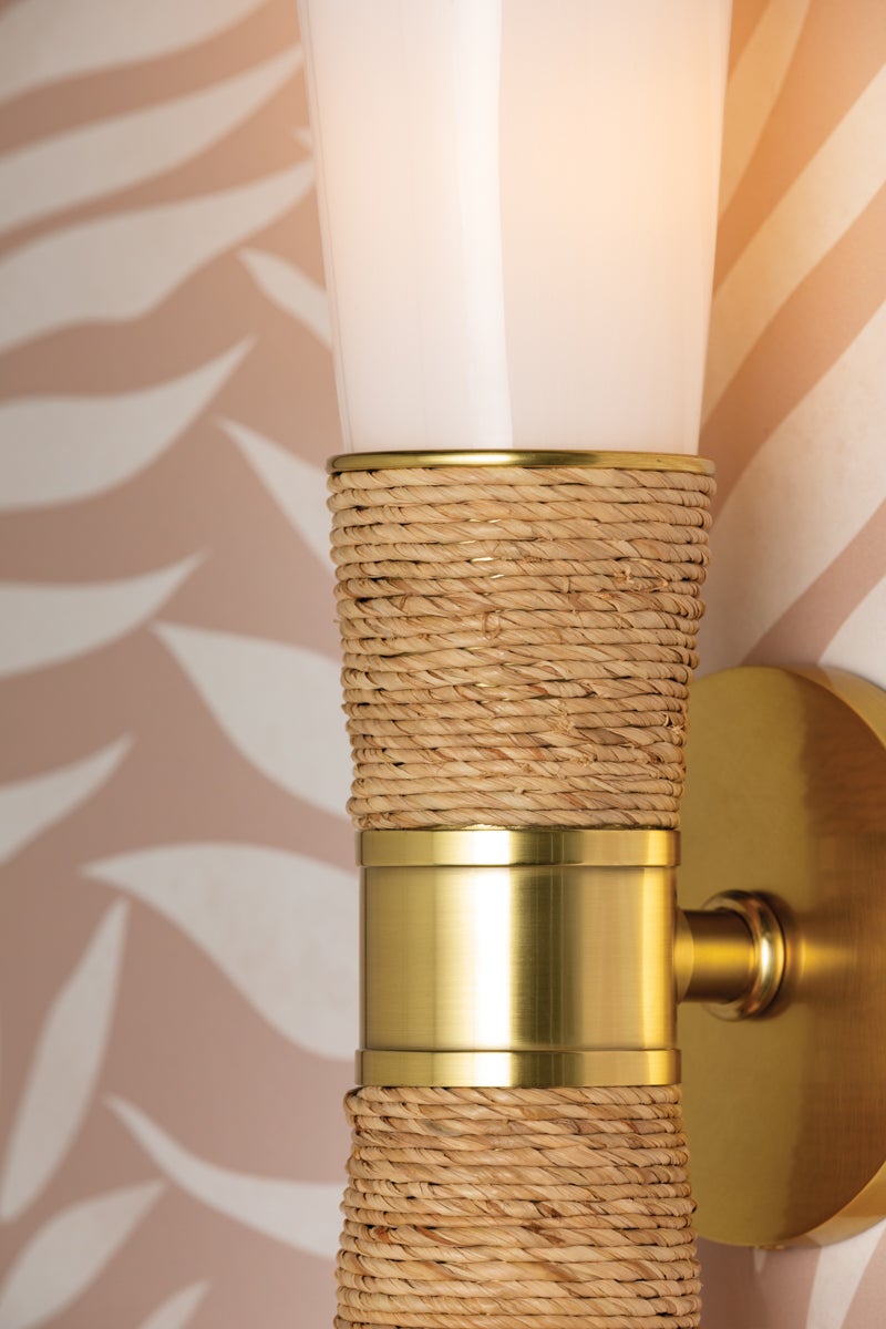 Mitzi Mica 2-Light Wall Sconce in Aged Brass with Opal Glass Shade and Dimmable Feature