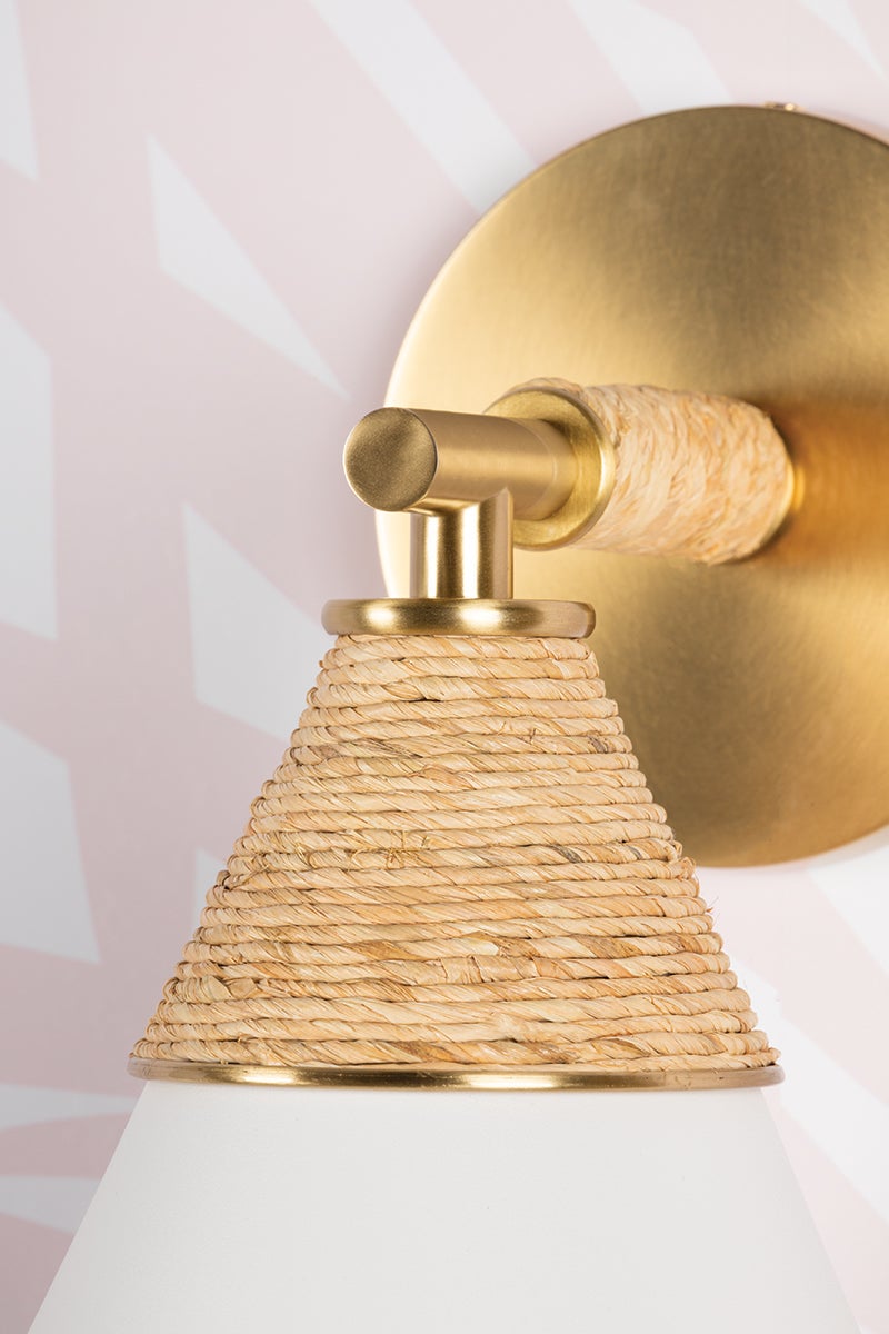 Mitzi Mica Wall Sconce Light, Dimmable Coastal Design in Aged Brass with Opal Shade, UL Damp Rated