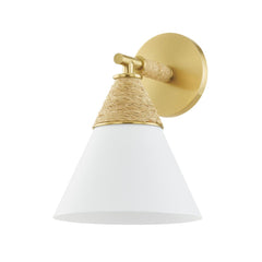 Mitzi Mica Wall Sconce Light, Dimmable Coastal Design in Aged Brass with Opal Shade, UL Damp Rated