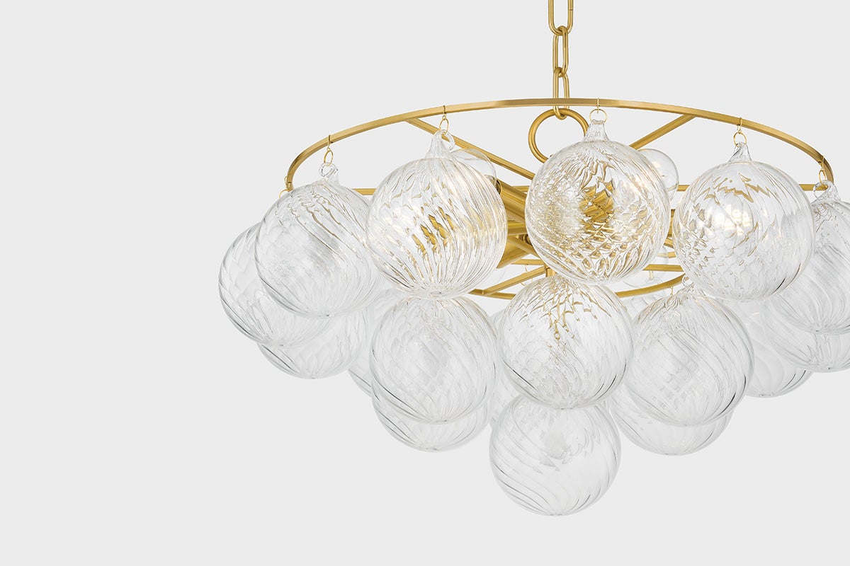 Mitzi Mimi 6-Light Chandelier With Swirl-Ribbed Champagne Glass & Aged Brass Frame, UL Damp Rated