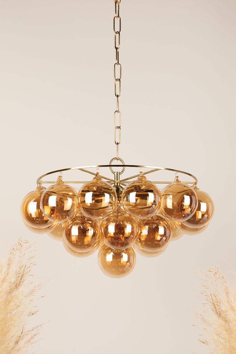 Mitzi Mimi 6-Light Chandelier With Swirl-Ribbed Champagne Glass & Aged Brass Frame, UL Damp Rated