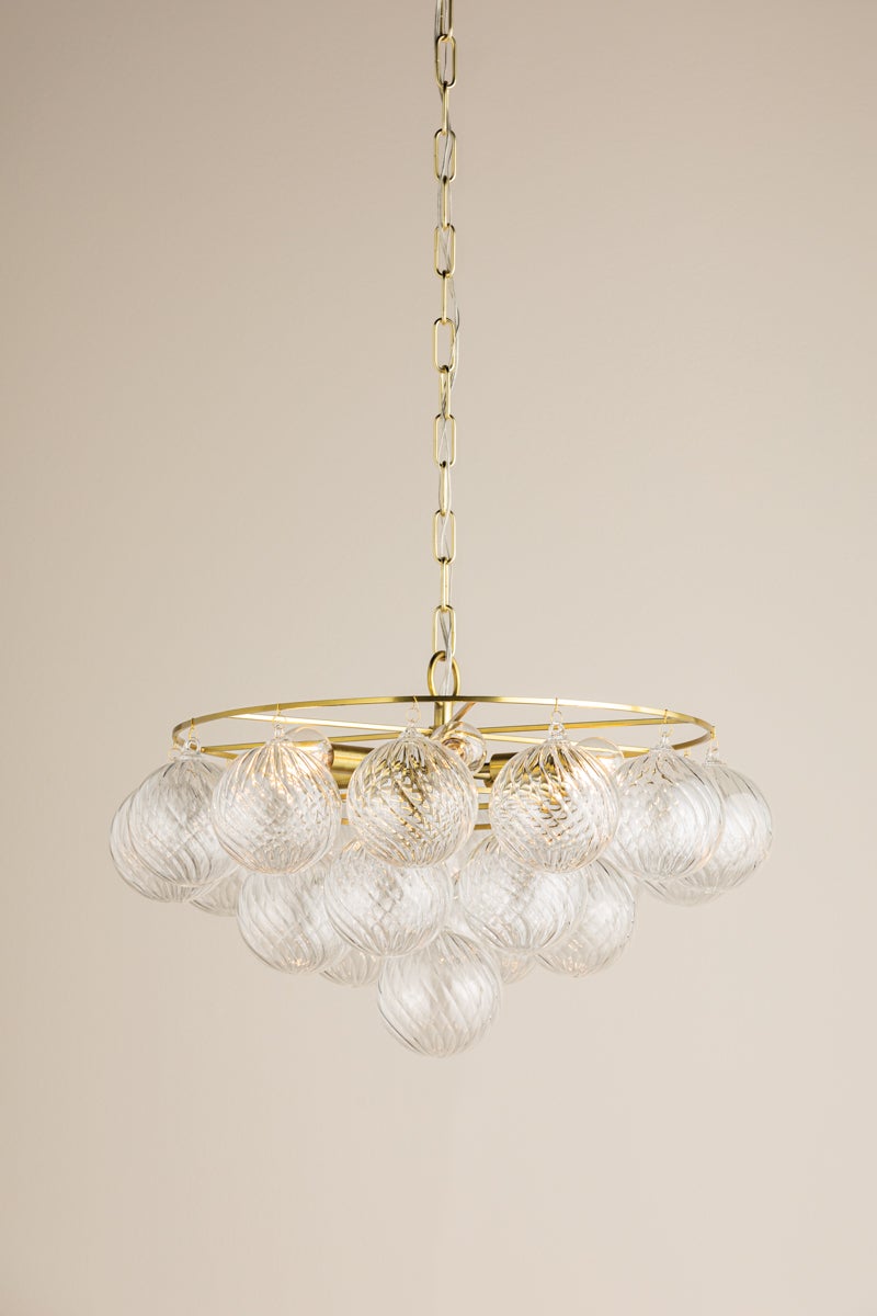 Mitzi Mimi 6-Light Chandelier With Swirl-Ribbed Champagne Glass & Aged Brass Frame, UL Damp Rated