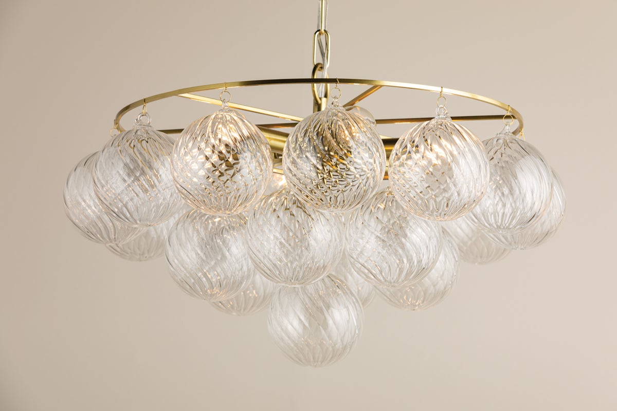 Mitzi Mimi 6-Light Chandelier With Swirl-Ribbed Champagne Glass & Aged Brass Frame, UL Damp Rated