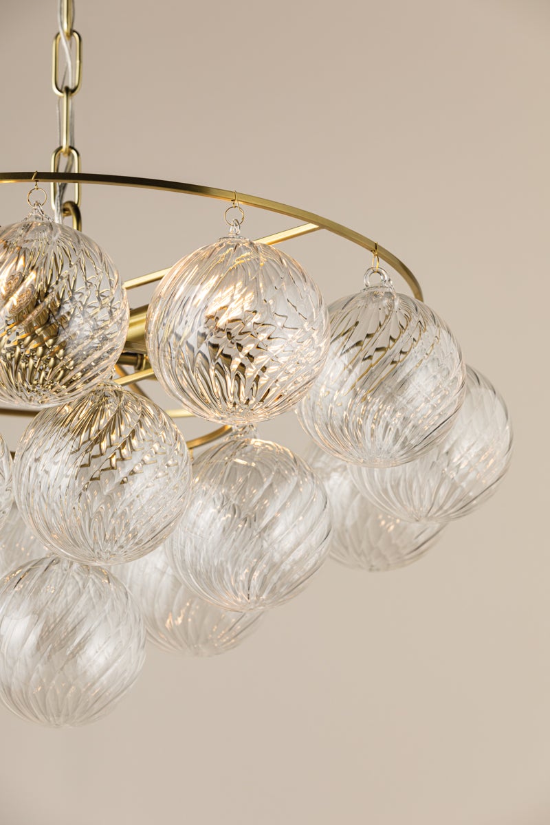 Mitzi Mimi 6-Light Chandelier With Swirl-Ribbed Champagne Glass & Aged Brass Frame, UL Damp Rated