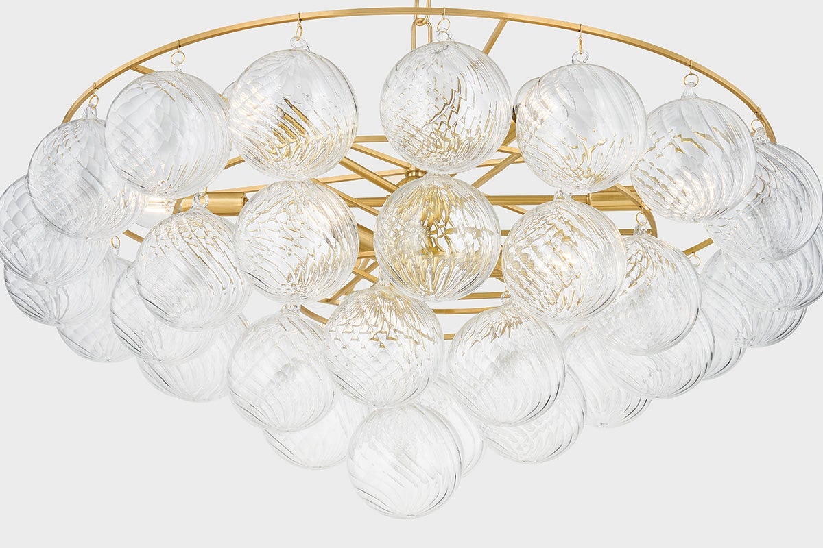 Mimi 9-Light Chandelier by Mitzi with Aged Brass Frame & Swirl Ribbed Glass Globes