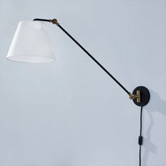 Navin Plug-In Sconce 27.25” Height Adjustable Black and White Linen Shade by Troy Lighting