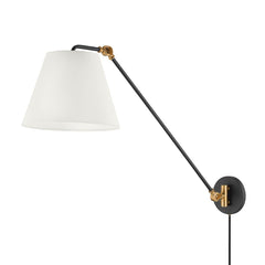 Navin Plug-In Sconce 27.25” Height Adjustable Black and White Linen Shade by Troy Lighting