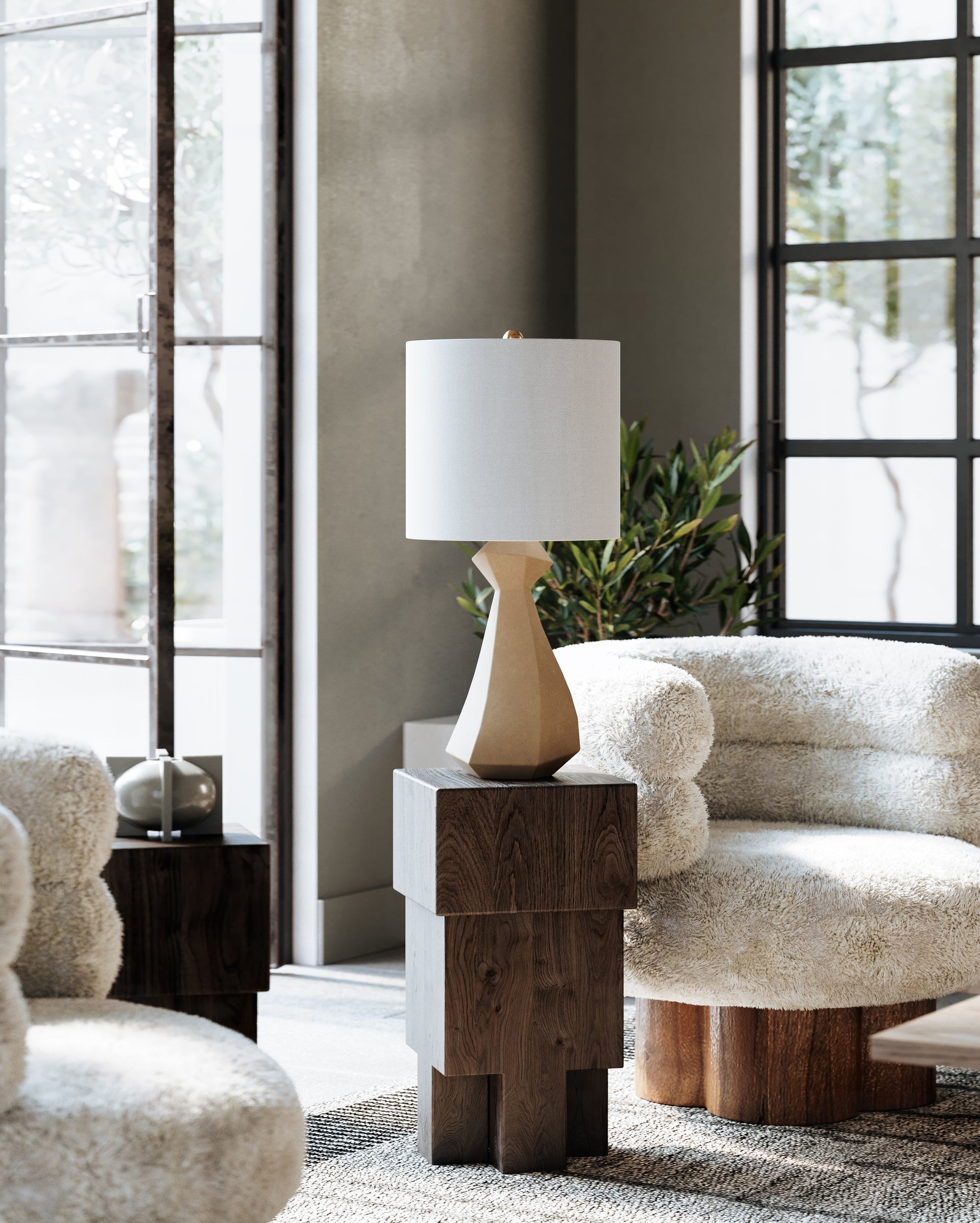 Oakland 25" Table Lamp by Troy Lighting - Taupe Concrete Base, Off-White Linen Shade, Dimmable, Patina Brass Finish