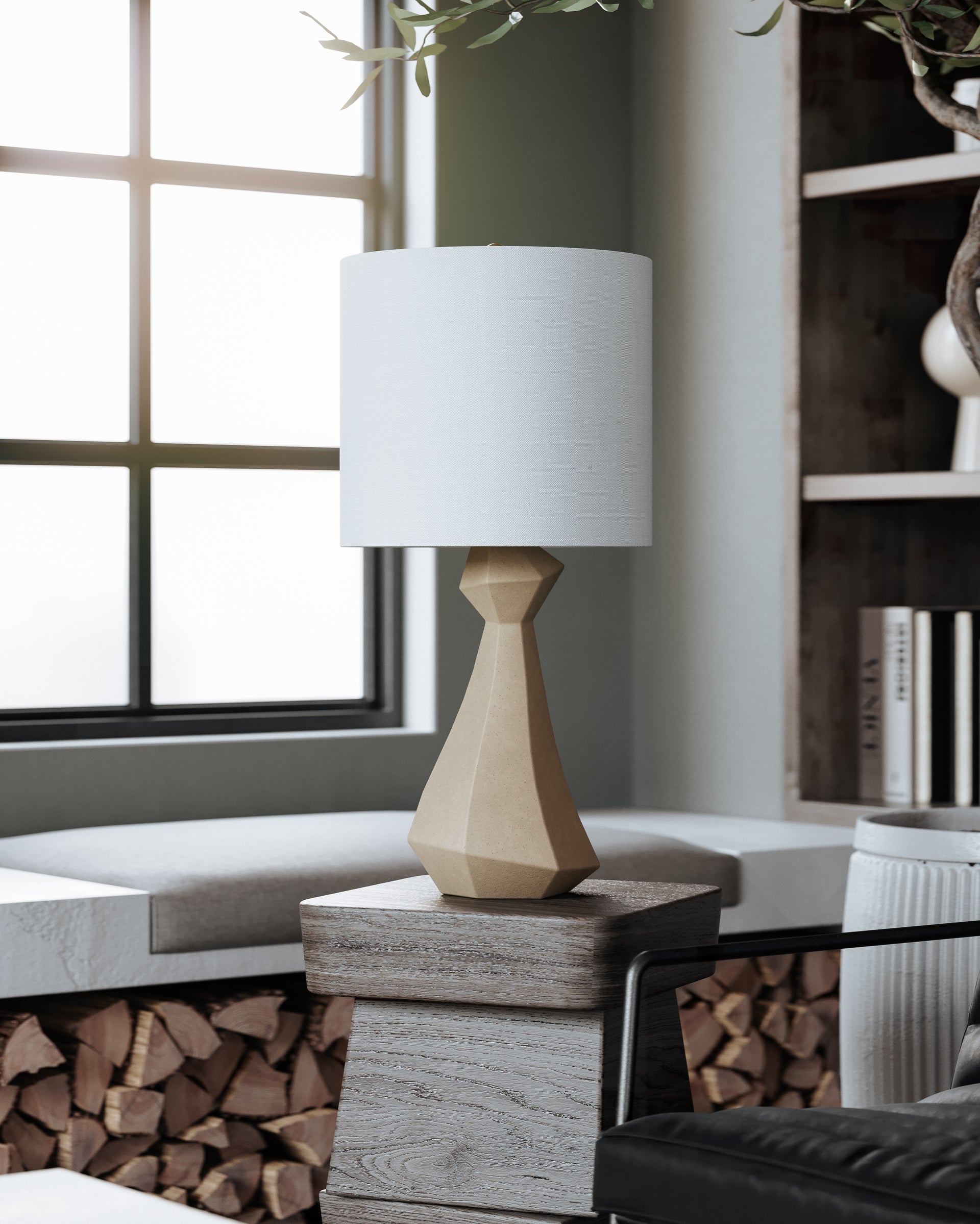 Oakland 25" Table Lamp by Troy Lighting - Taupe Concrete Base, Off-White Linen Shade, Dimmable, Patina Brass Finish