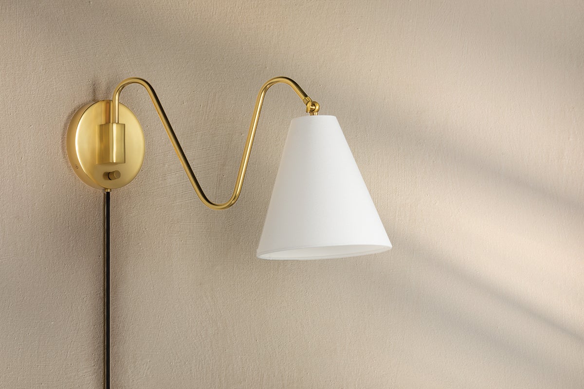 Mitzi Onda 13" Plug-In Wall Sconce With Whimsical Squiggly Arms And Dimmable Linen Shade