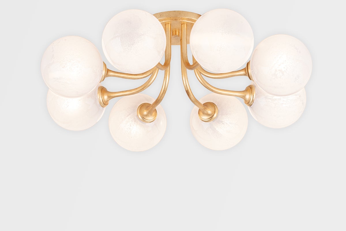 Onyx Semi-Flush Ceiling Light with Opal Glass Shade and Vintage Gold Leaf Finish, UL Damp Rated