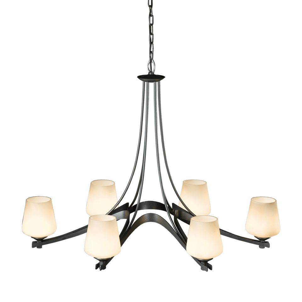 Oval Ribbon 6 Arm Chandelier by Hubbardton Forge, Dimmable, Opal Glass Shades, UL Rated for Damp Locations