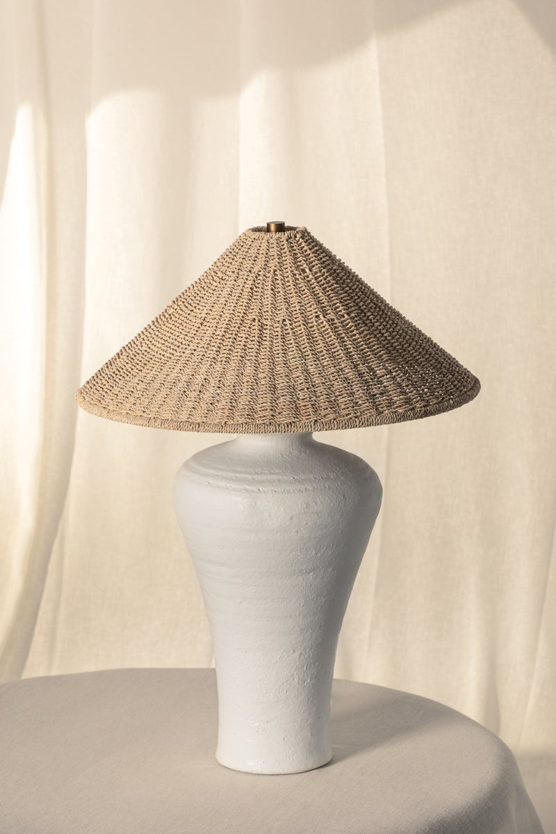 Pezante Table Lamp by Troy Lighting, 30" Height, Dimmable, Patina Brass & Natural Abaca Shade