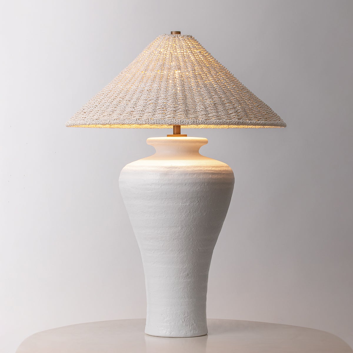 Pezante Table Lamp by Troy Lighting, 30" Height, Dimmable, Patina Brass & Natural Abaca Shade