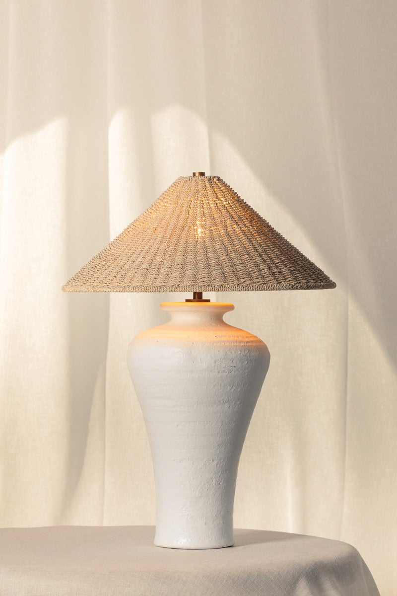 Pezante Table Lamp by Troy Lighting, 30" Height, Dimmable, Patina Brass & Natural Abaca Shade