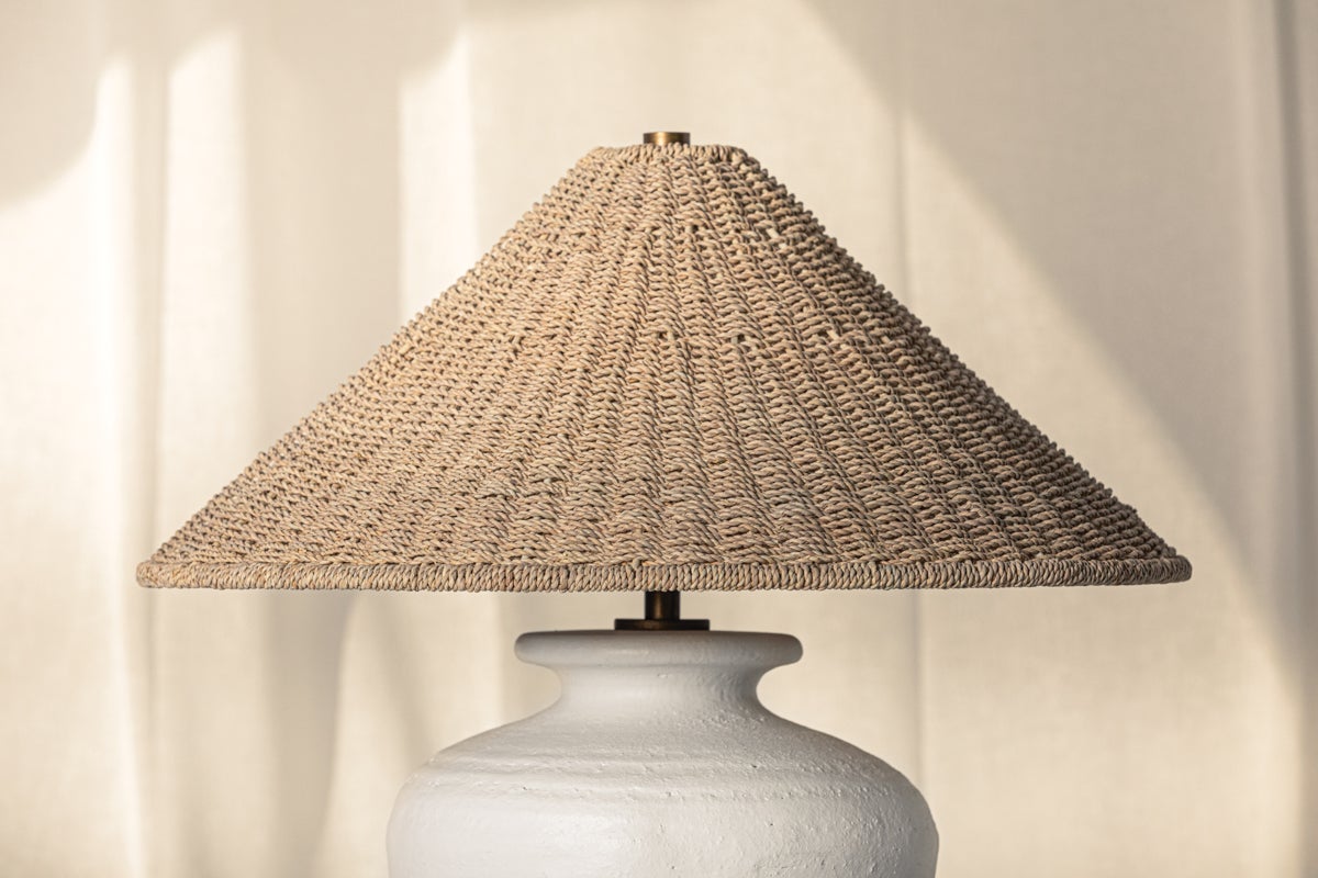 Pezante Table Lamp by Troy Lighting, 30" Height, Dimmable, Patina Brass & Natural Abaca Shade