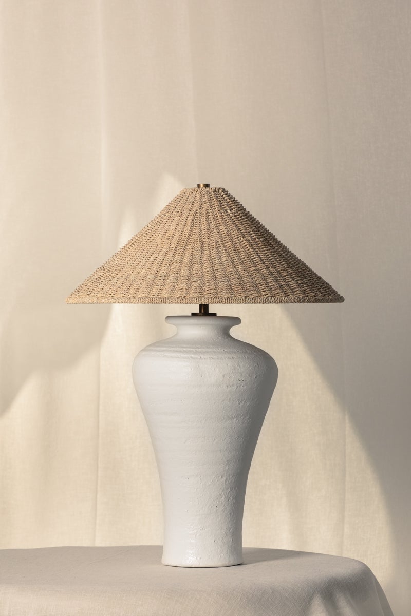 Pezante Table Lamp by Troy Lighting, 30" Height, Dimmable, Patina Brass & Natural Abaca Shade