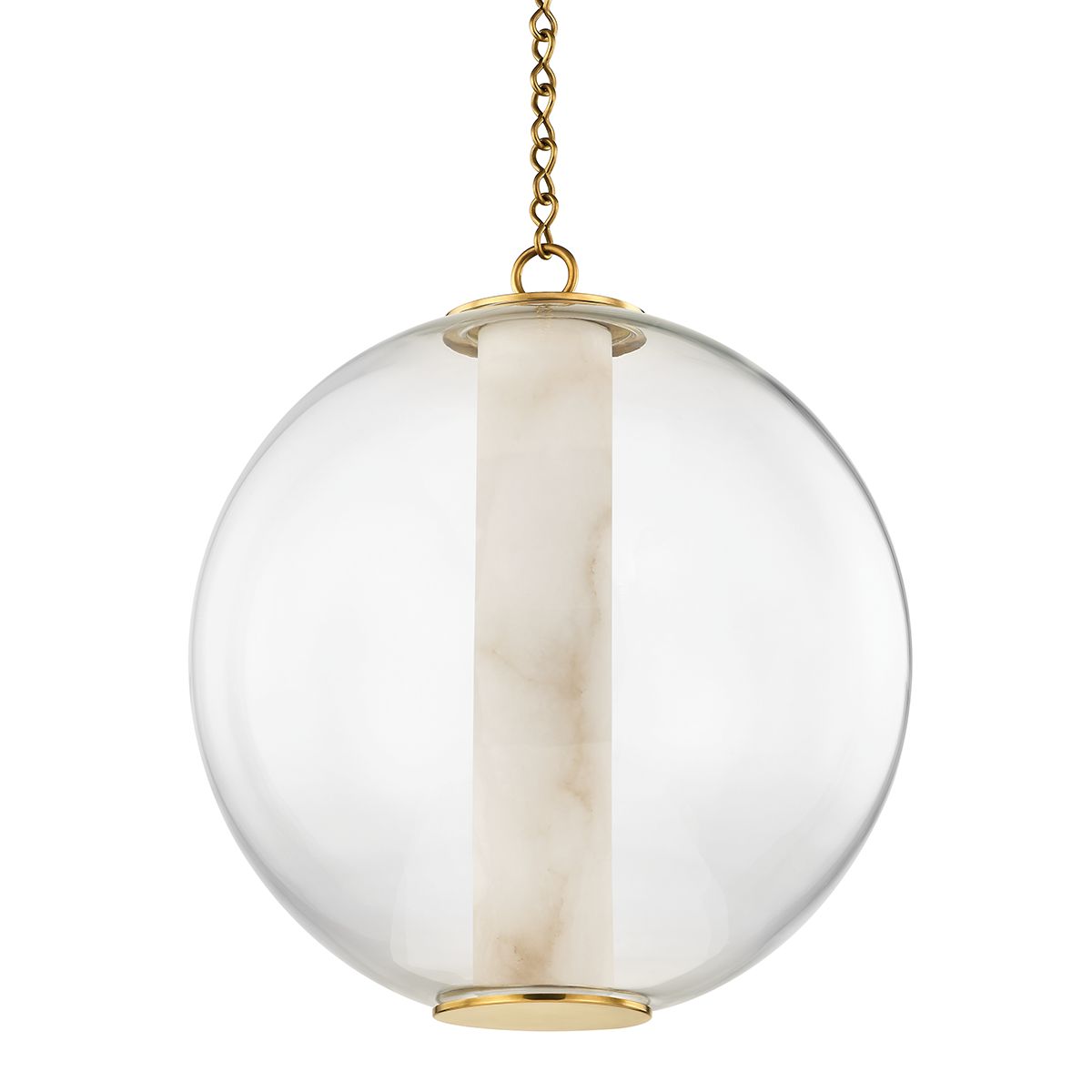 Pietra Large Pendant Light by Corbett Lighting, 21.75" H, Vintage Brass, Alabaster & Glass Shade, Dimmable