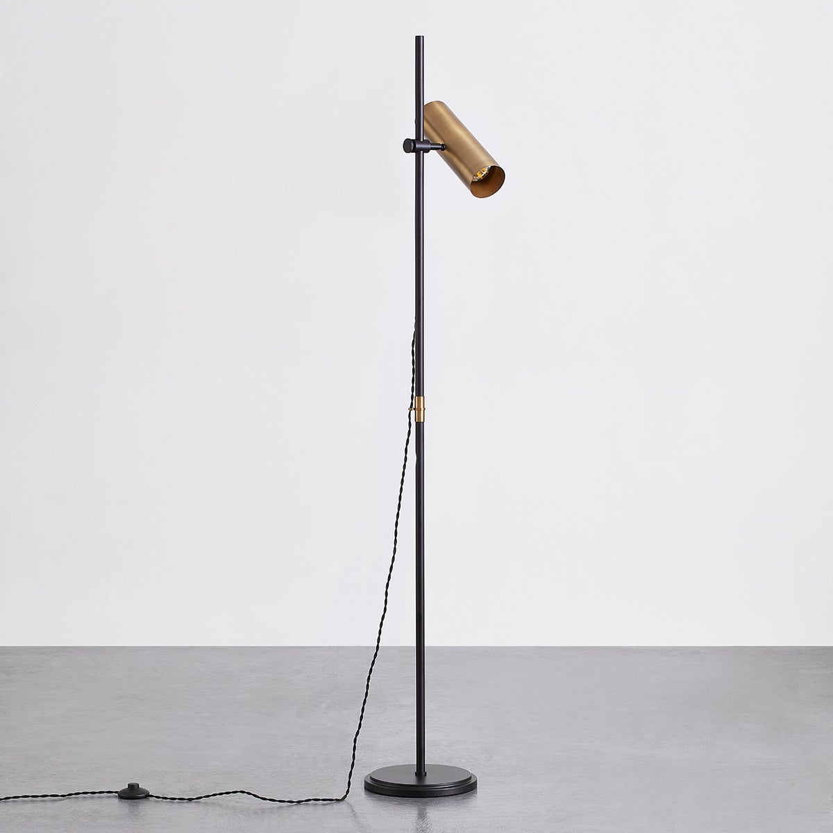 Quinn Floor Lamp 65” High with Dimmable Patina Brass Shade and Slim Soft Black Pole by Troy Lighting