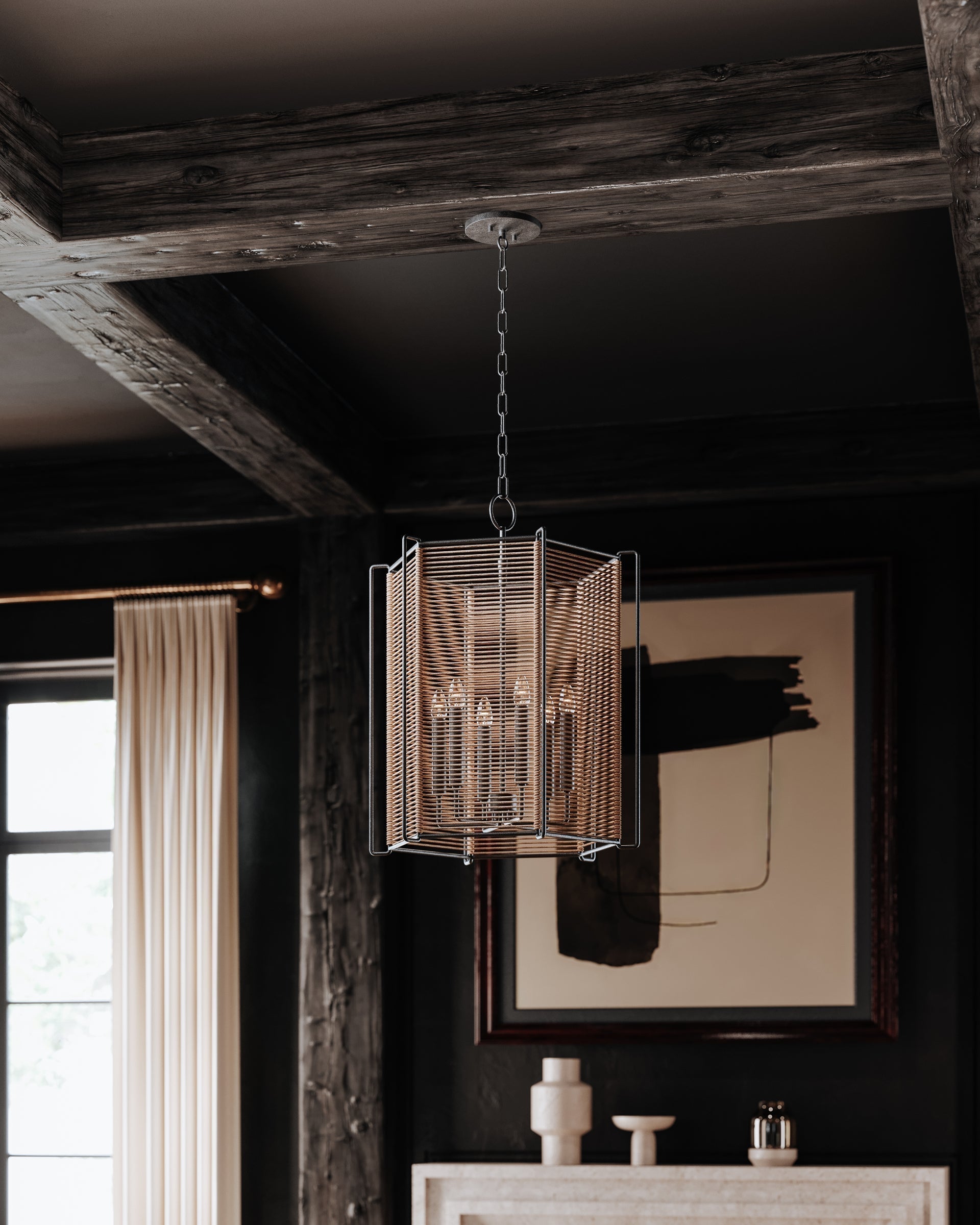 Ramon Large Lantern by Troy Lighting, 28-Inch Textured Black Metal with Jute Shade, Dimmable E12 Fixtures