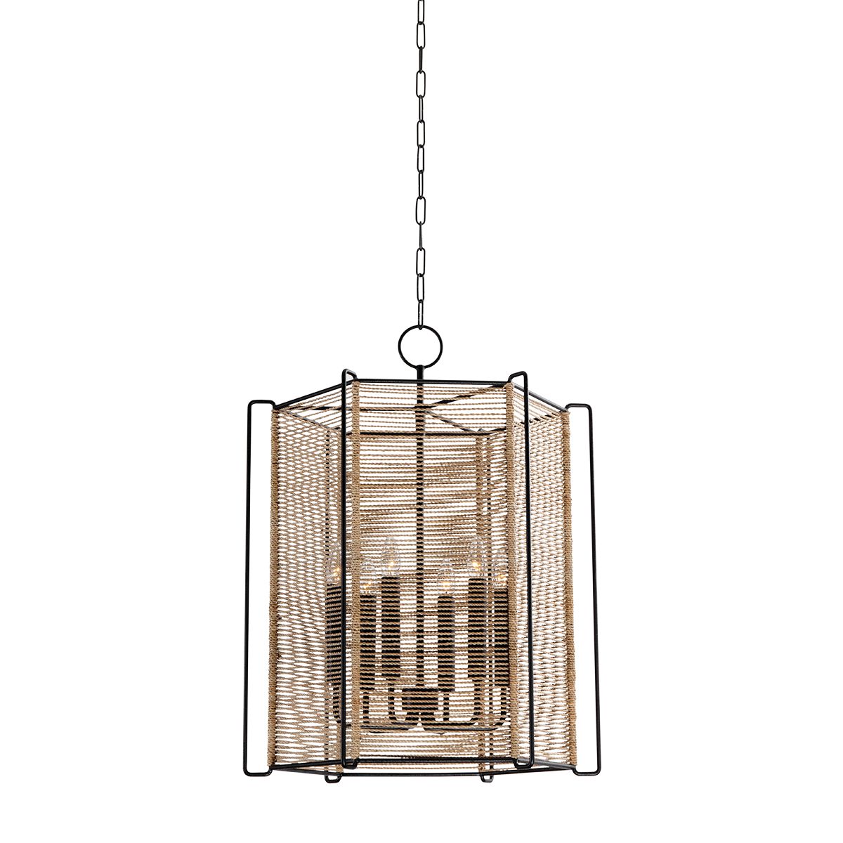 Ramon Large Lantern by Troy Lighting, 28-Inch Textured Black Metal with Jute Shade, Dimmable E12 Fixtures