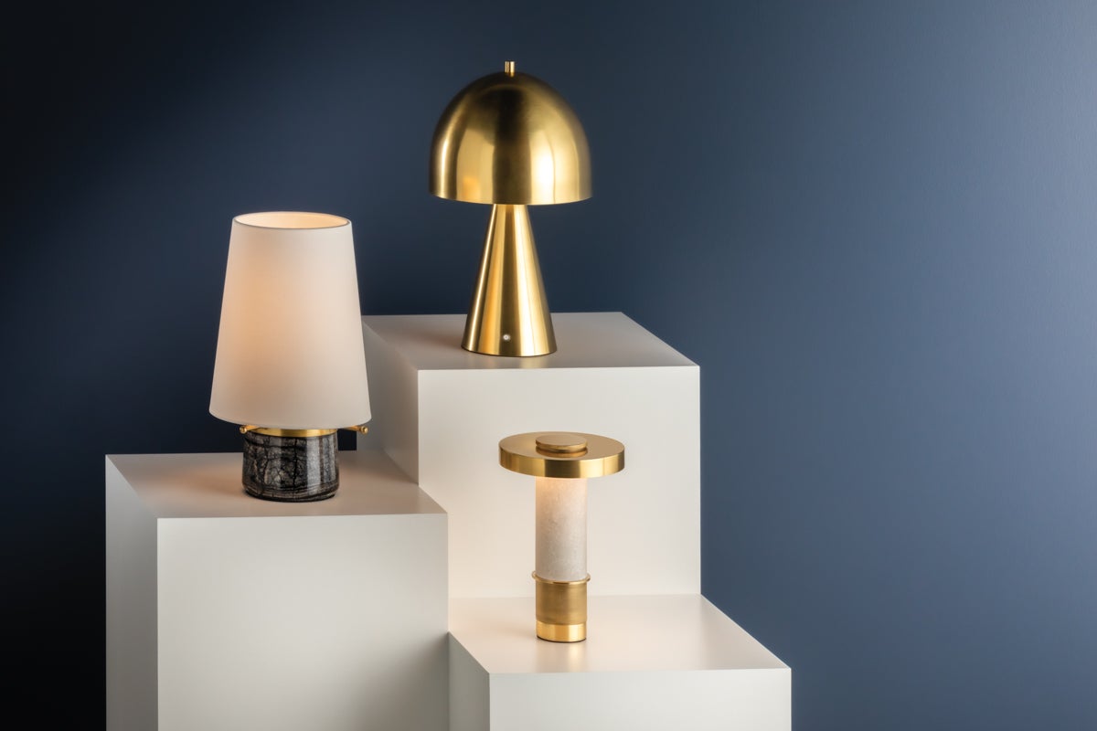 Central Valley Rechargeable Table Lamp by Hudson Valley Lighting, Aged Brass & Marble, Dimmable, 12-15 Hour Battery Life