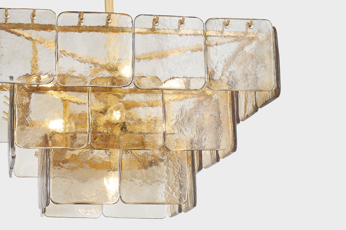 Regal Chandelier by Corbett Lighting 3-Tier, 9-Light, Dimmable, Dark Champagne Glass, Vintage Gold Leaf Finish