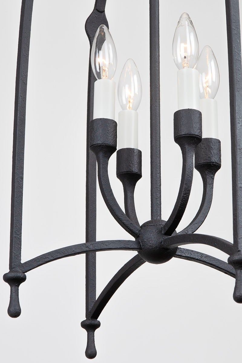 Rhett 36” Large Lantern by Troy Lighting - Elegant Curved Cage, Dimmable, Black Iron & Vintage Gold