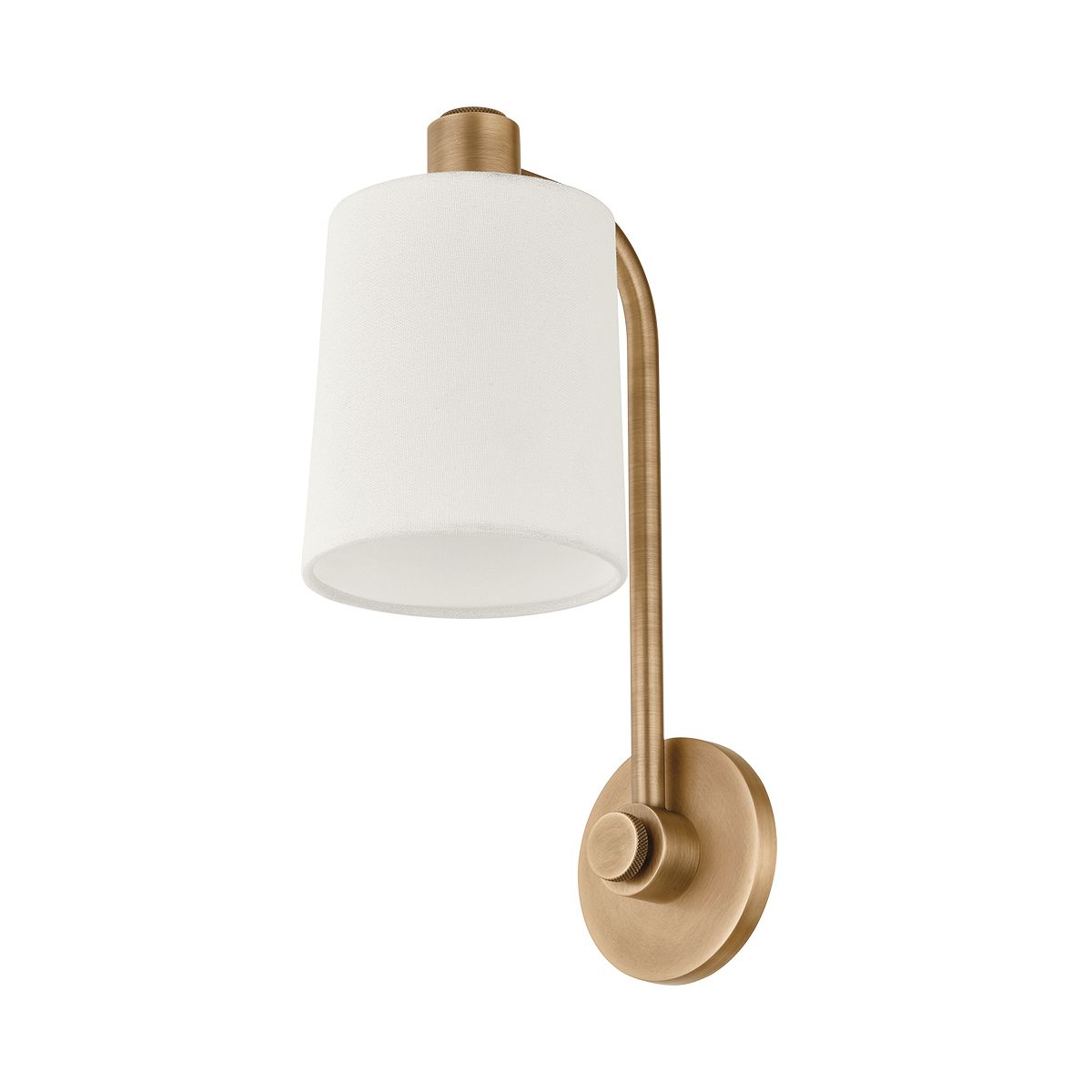 Rigby Wall Sconce by Troy Lighting, 15.25" Height, Dimmable, Off-White Linen Shade, Patina Brass Finish