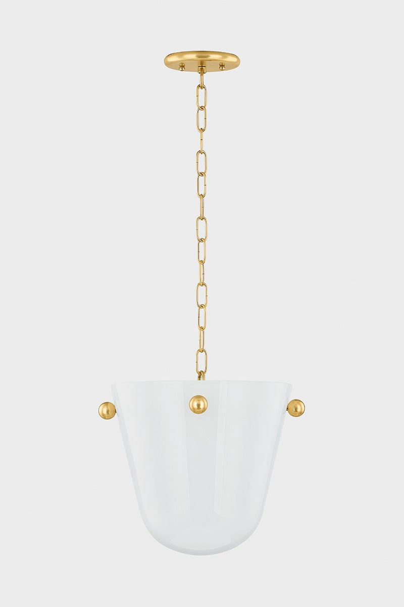 Mitzi Rima 1-Light Pendant in Aged Brass with Opal Seedy Glass Shade, Adjustable Height Design