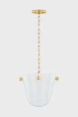 Mitzi Rima 1-Light Pendant in Aged Brass with Opal Seedy Glass Shade, Adjustable Height Design