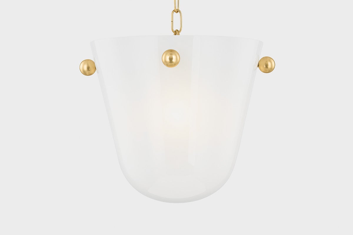 Mitzi Rima 1-Light Pendant in Aged Brass with Opal Seedy Glass Shade, Adjustable Height Design