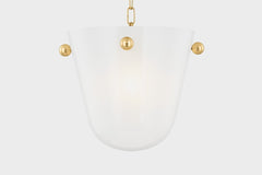 Mitzi Rima 1-Light Pendant in Aged Brass with Opal Seedy Glass Shade, Adjustable Height Design