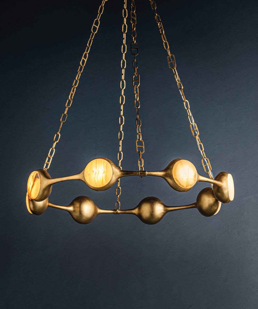 Riviere LED Chandelier by Corbett Lighting, 8-Light, Dimmable, Vintage Gold Leaf Finish, Onyx Shade