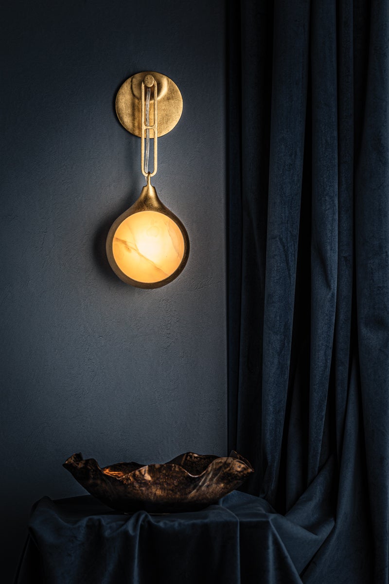 Riviere LED Wall Sconce by Corbett Lighting, Vintage Gold Leaf Finish, Dimmer Compatible, Ice Onyx Shade