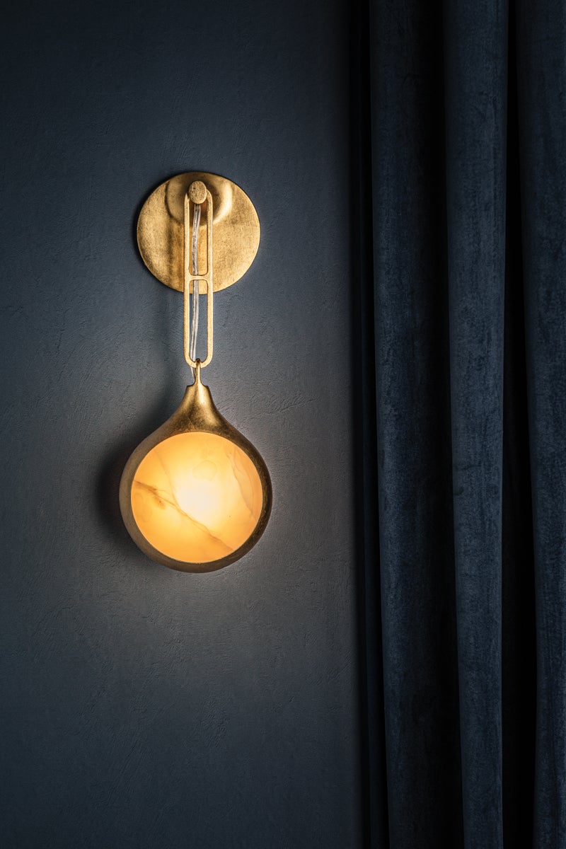 Riviere LED Wall Sconce by Corbett Lighting, Vintage Gold Leaf Finish, Dimmer Compatible, Ice Onyx Shade