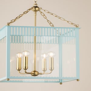 Rosalie 4-Light Large Lantern by Mitzi in Soft Cream or Soft Arctic Blue, Dimmable with Adjustable Height