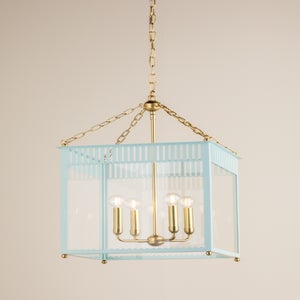 Rosalie 4-Light Large Lantern by Mitzi in Soft Cream or Soft Arctic Blue, Dimmable with Adjustable Height