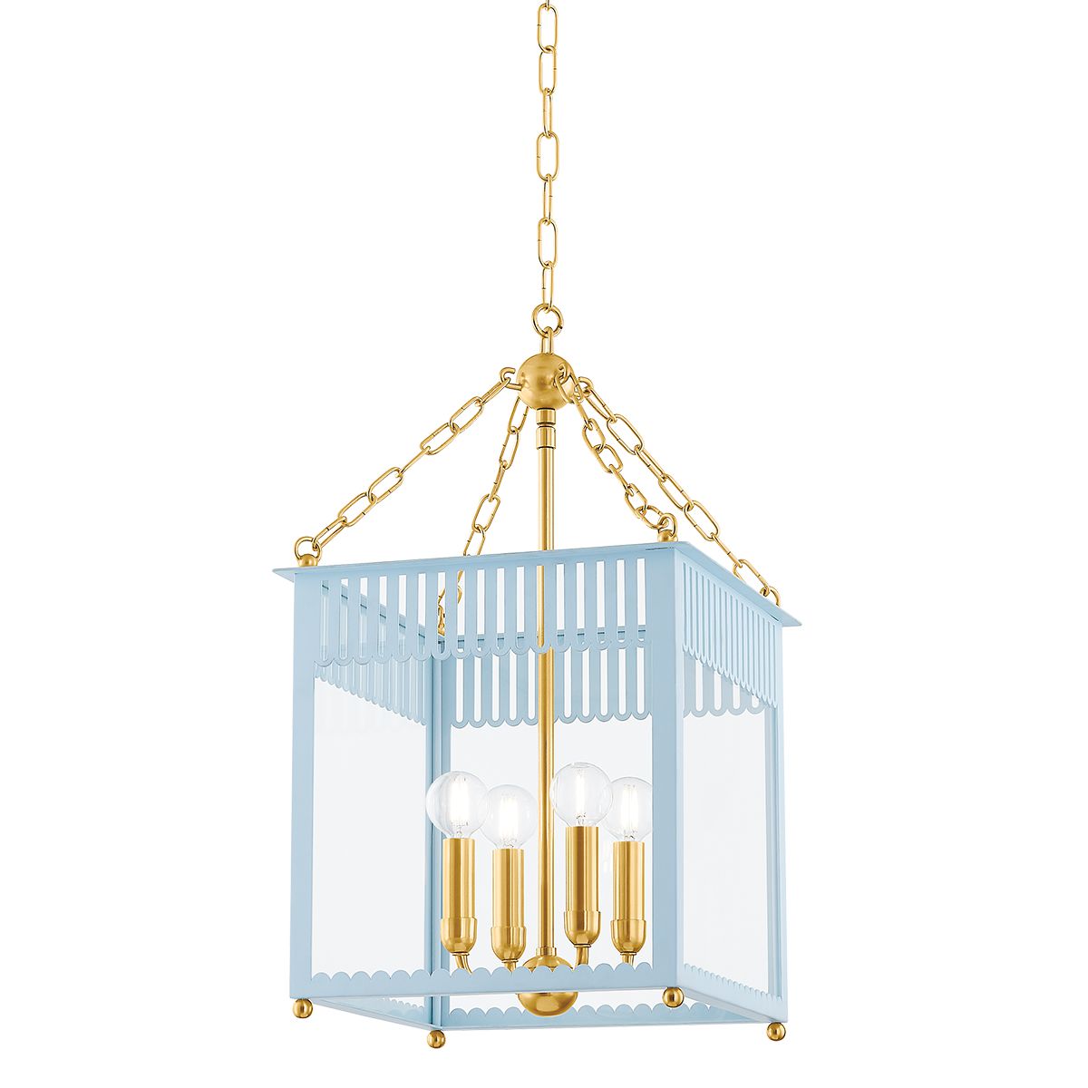 Mitzi Rosalie Small Lantern 29.5"H, 4-Light, Dimmable, Aged Brass & Soft Arctic Blue/Cream