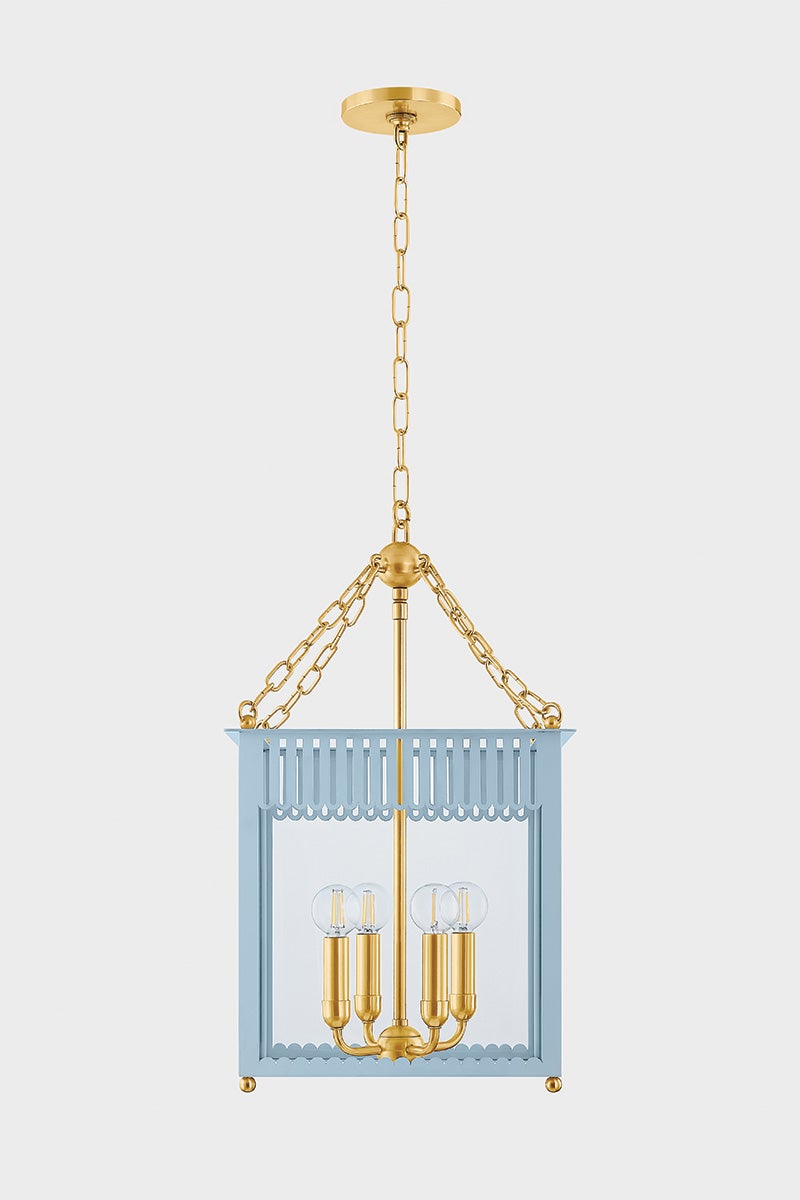 Mitzi Rosalie Small Lantern 29.5"H, 4-Light, Dimmable, Aged Brass & Soft Arctic Blue/Cream