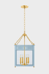 Mitzi Rosalie Small Lantern 29.5"H, 4-Light, Dimmable, Aged Brass & Soft Arctic Blue/Cream