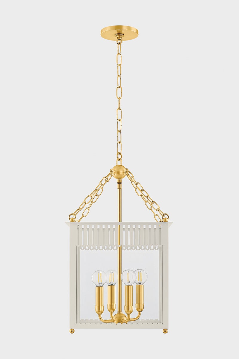 Mitzi Rosalie Small Lantern 29.5"H, 4-Light, Dimmable, Aged Brass & Soft Arctic Blue/Cream